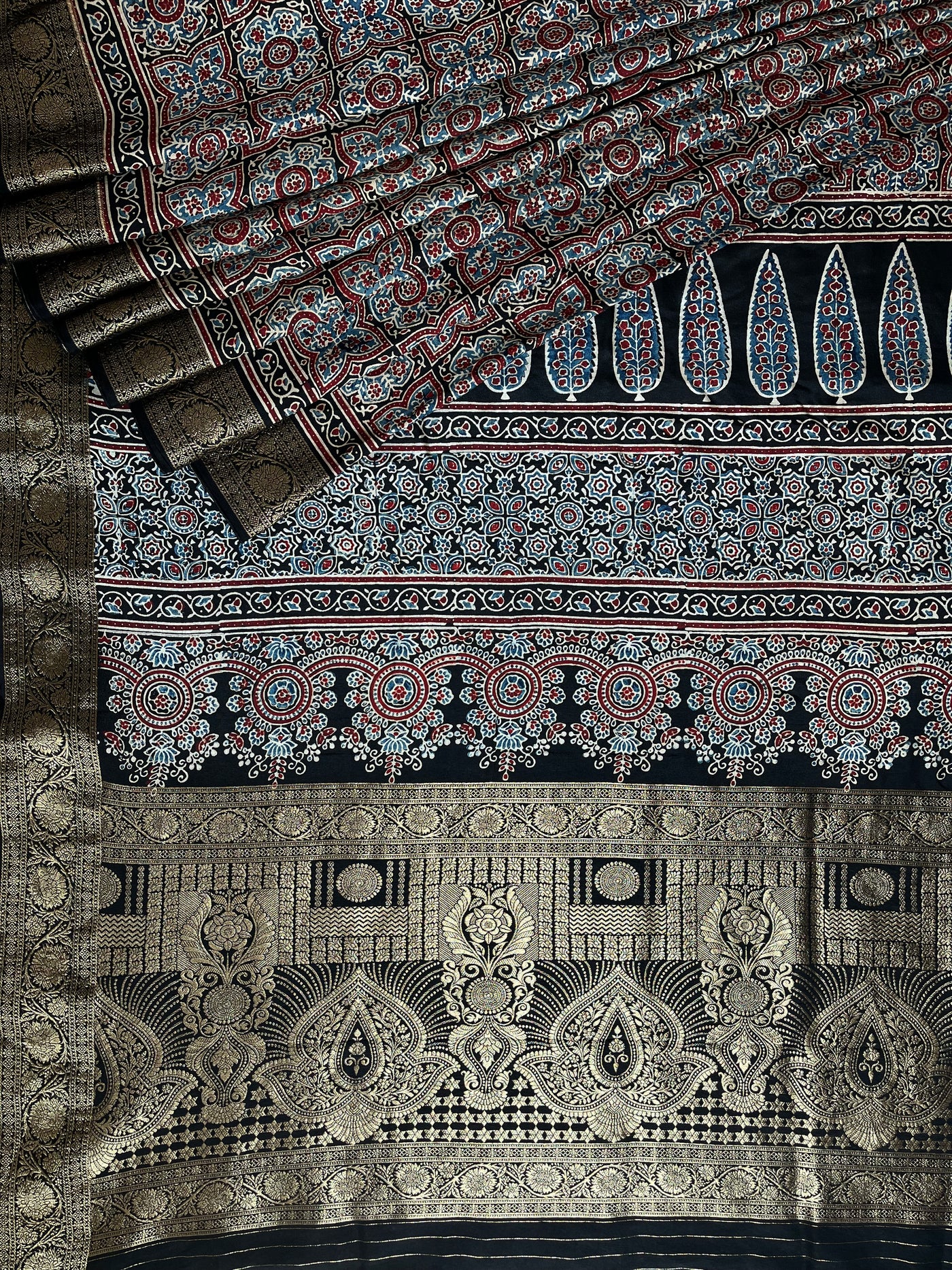 PRANALI: Handblock Ajrakh Dola Silk Saree with Meenakari Pallu