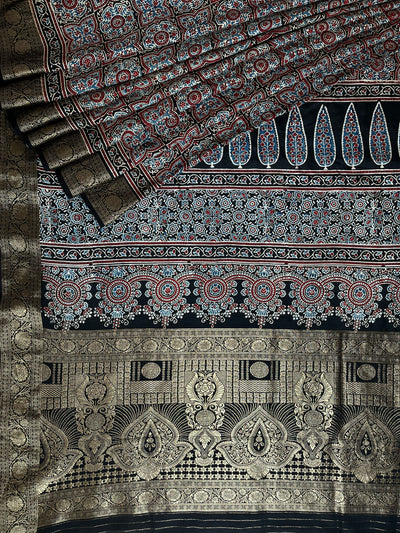 PRANALI: Handblock Ajrakh Dola Silk Saree with Meenakari Pallu