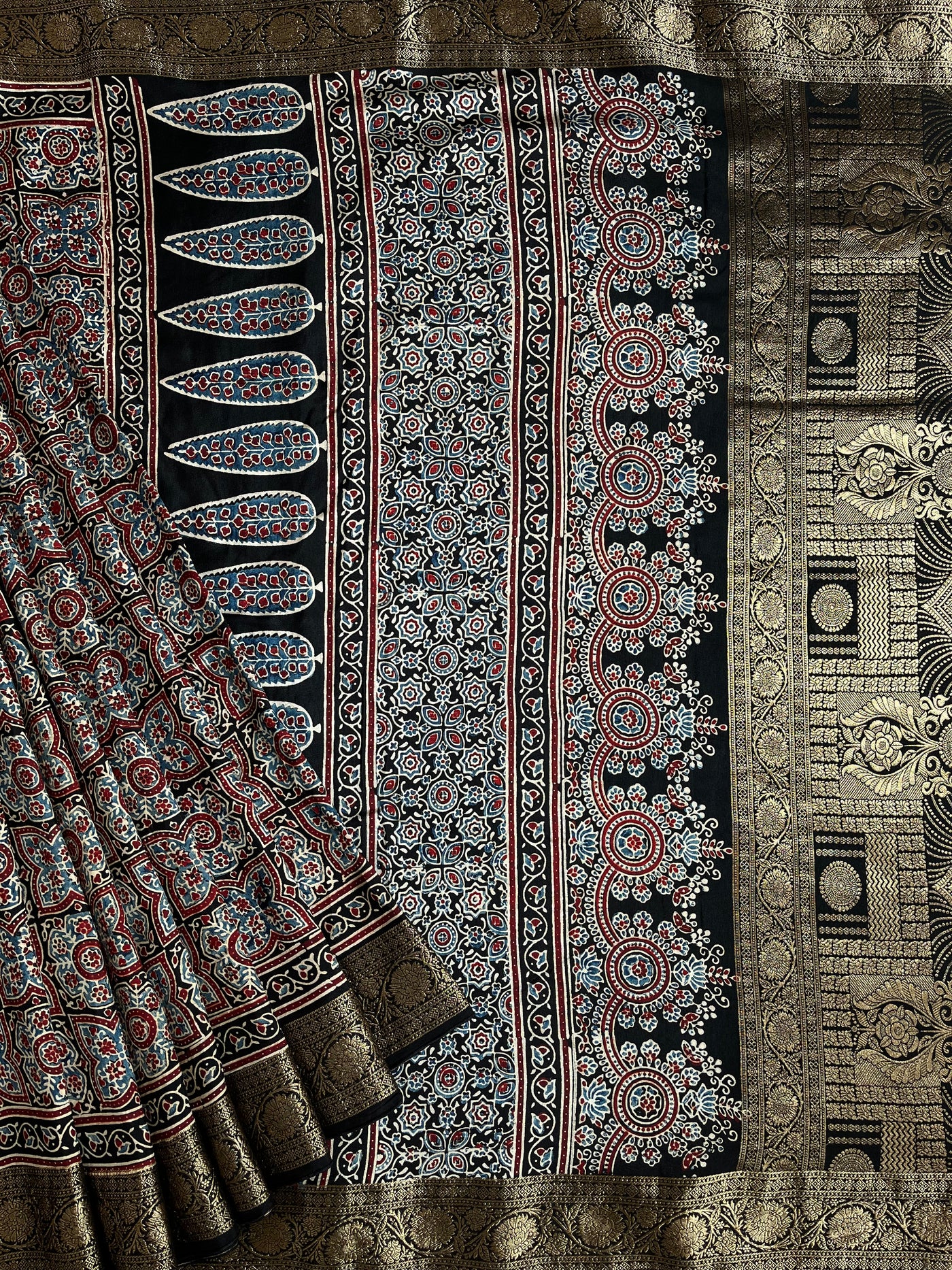 PRANALI: Handblock Ajrakh Dola Silk Saree with Meenakari Pallu