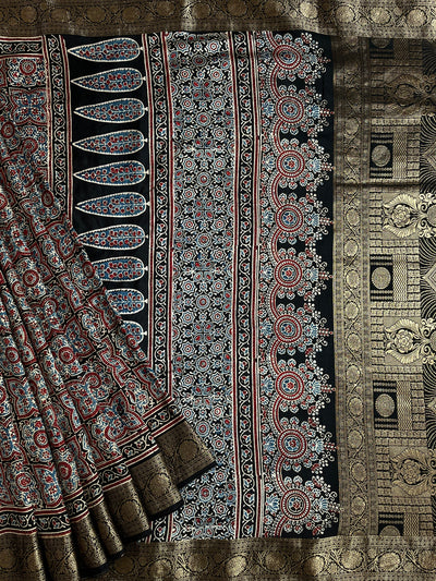 PRANALI: Handblock Ajrakh Dola Silk Saree with Meenakari Pallu