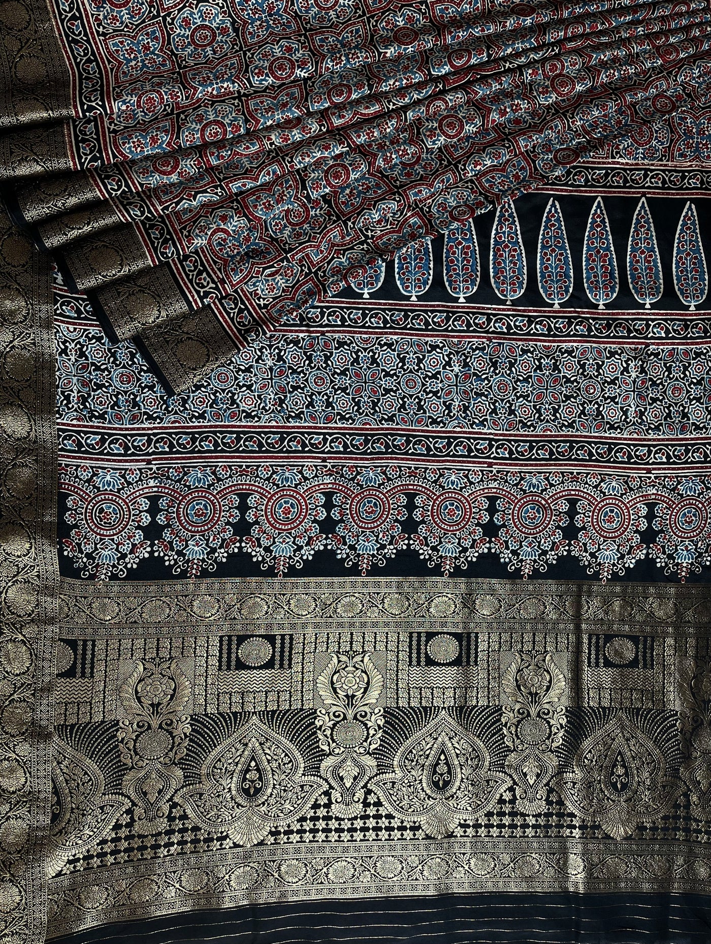 PRANALI: Handblock Ajrakh Dola Silk Saree with Meenakari Pallu