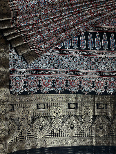 PRANALI: Handblock Ajrakh Dola Silk Saree with Meenakari Pallu