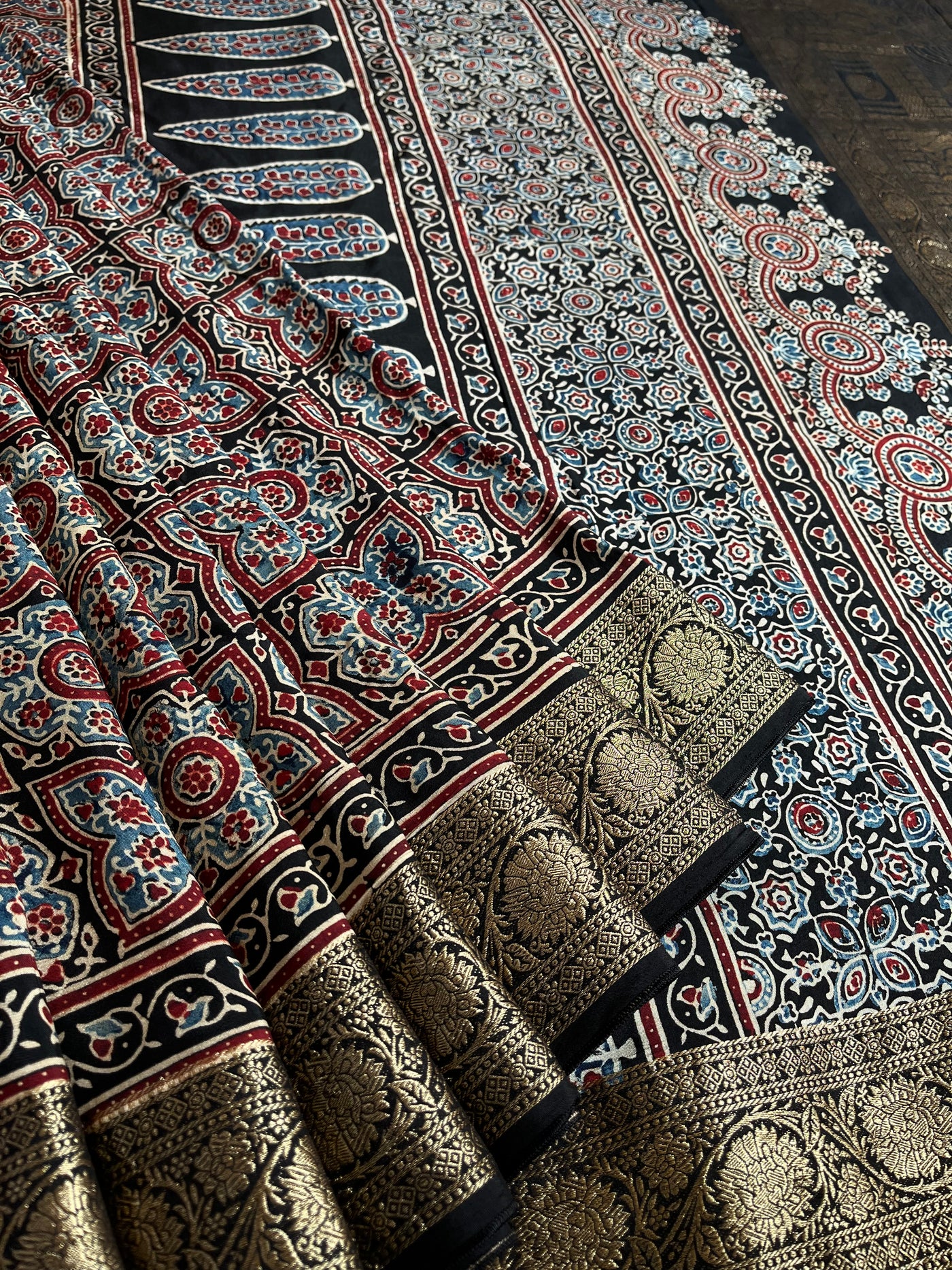 PRANALI: Handblock Ajrakh Dola Silk Saree with Meenakari Pallu