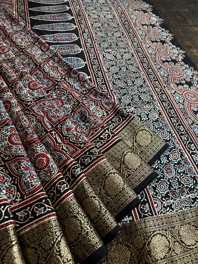 PRANALI: Handblock Ajrakh Dola Silk Saree with Meenakari Pallu