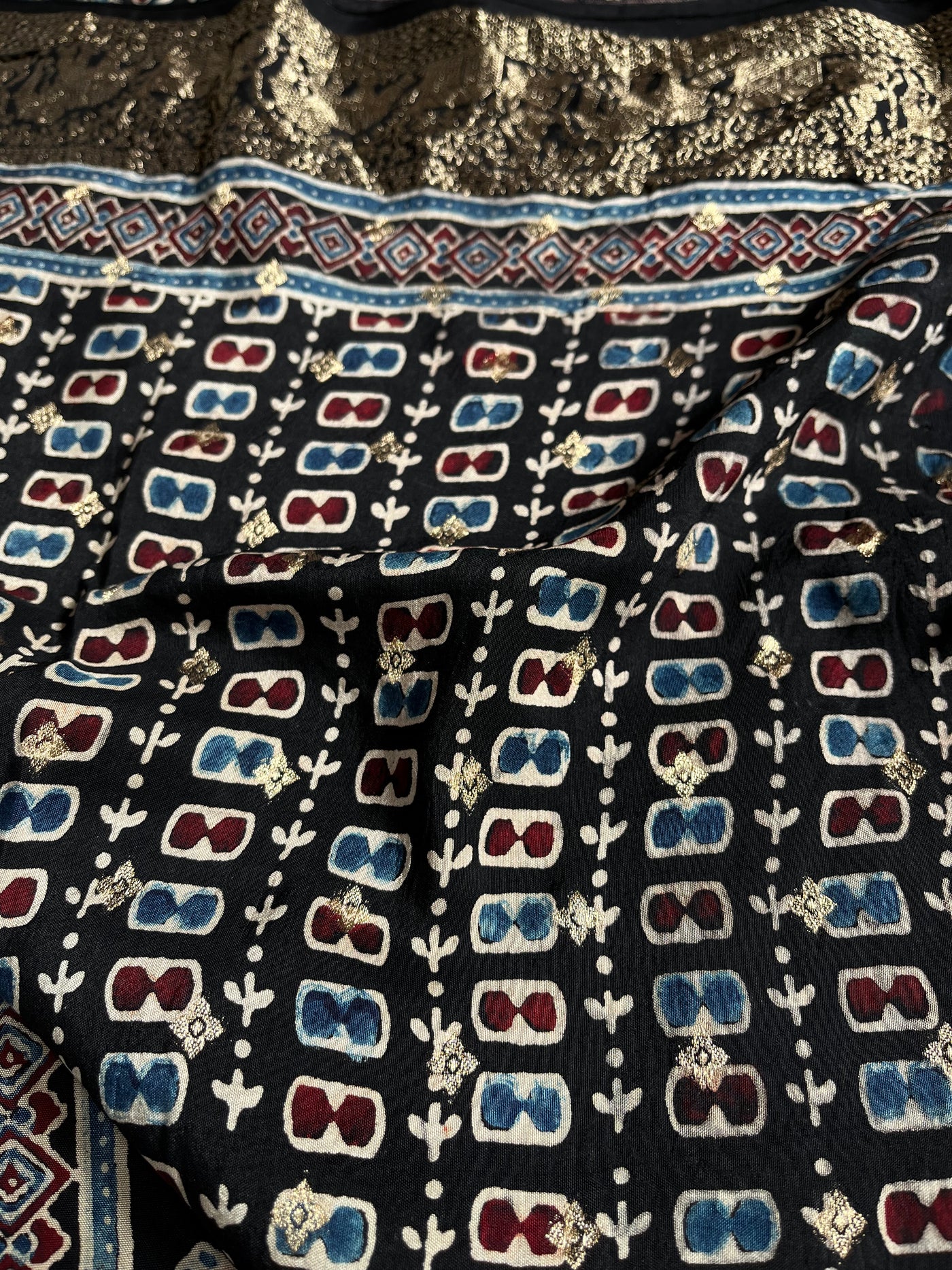AKSHRA: Handblock Ajrakh Dola Silk Saree with Meenakari Pallu