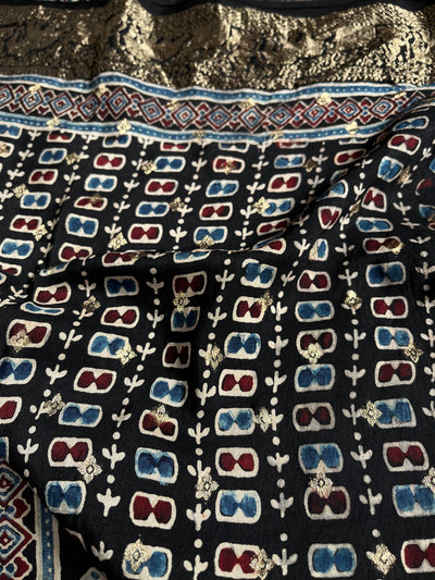 AKSHRA: Handblock Ajrakh Dola Silk Saree with Meenakari Pallu