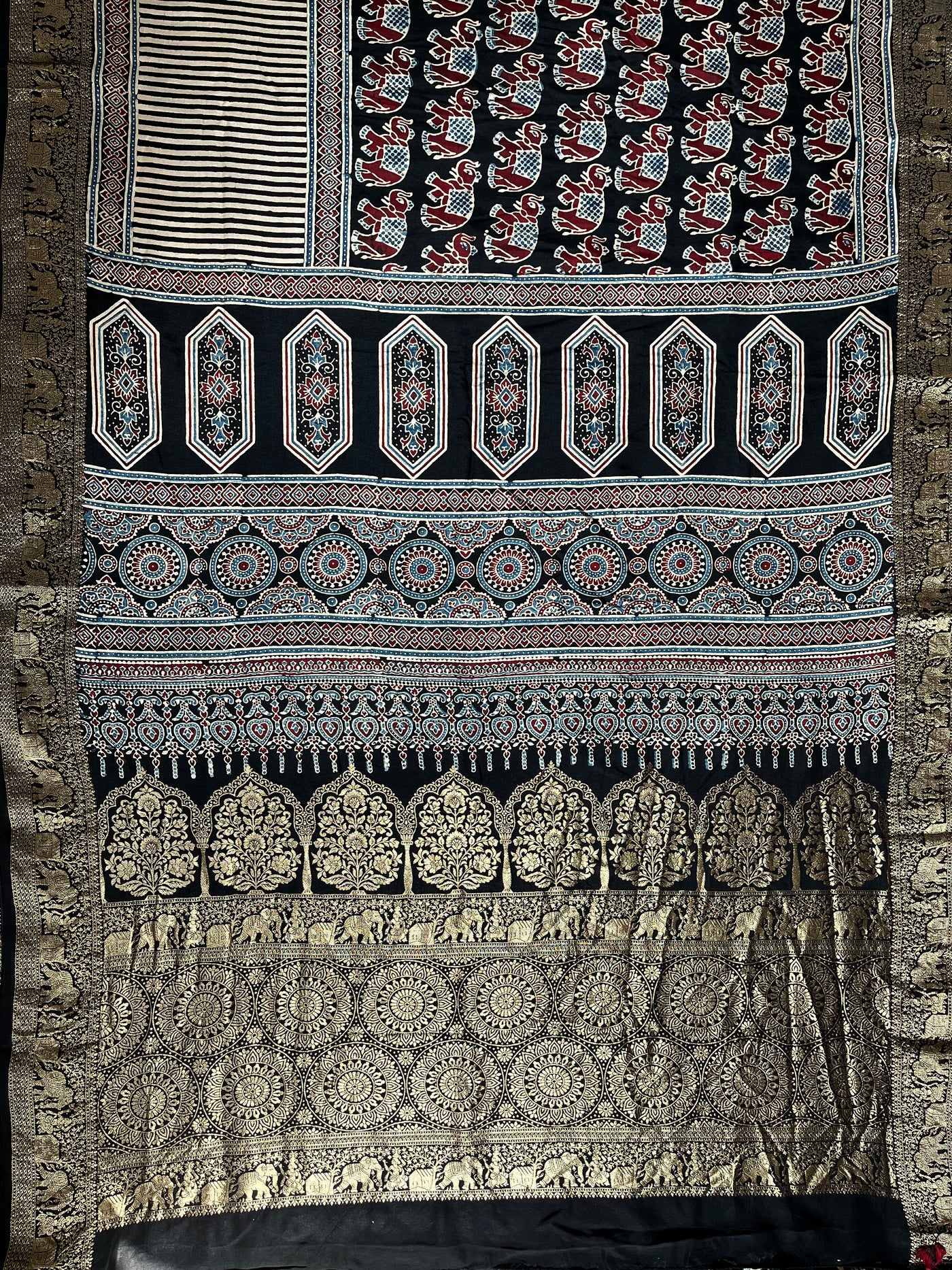 AKSHRA: Handblock Ajrakh Dola Silk Saree with Meenakari Pallu