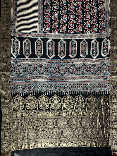 AKSHRA: Handblock Ajrakh Dola Silk Saree with Meenakari Pallu