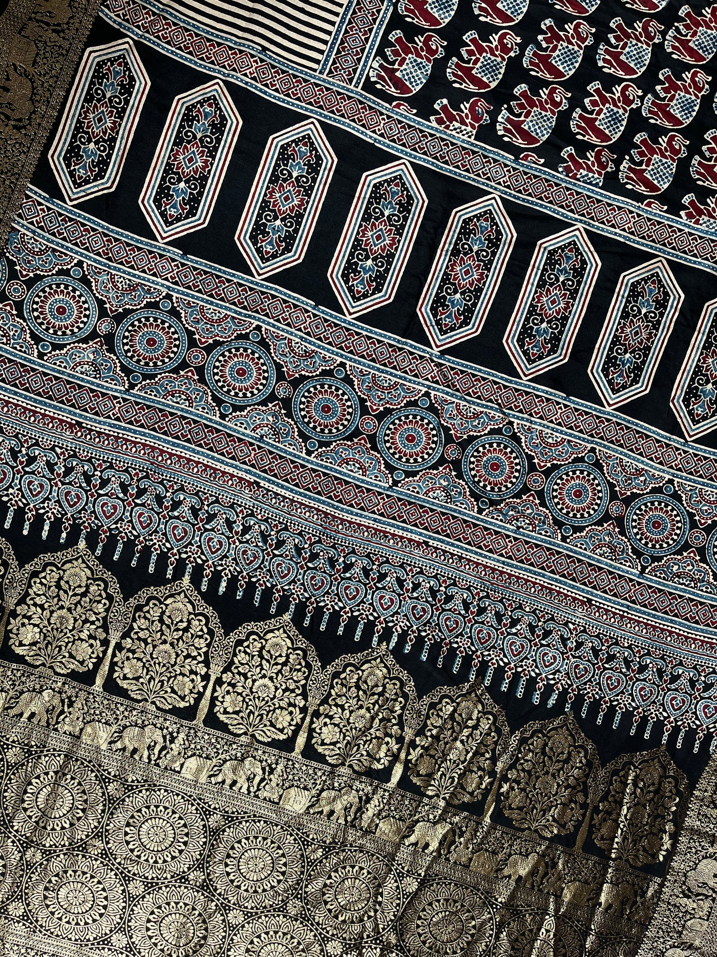 AKSHRA: Handblock Ajrakh Dola Silk Saree with Meenakari Pallu