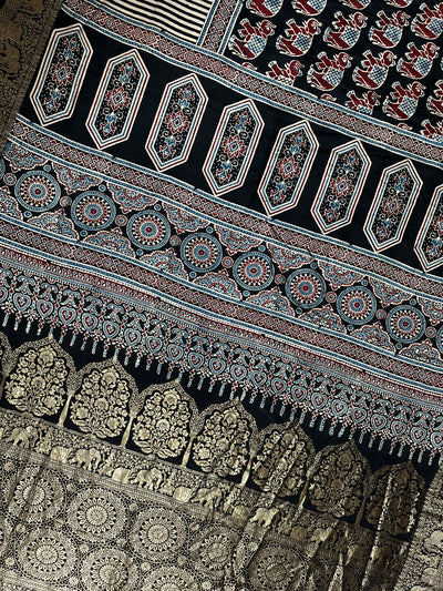 AKSHRA: Handblock Ajrakh Dola Silk Saree with Meenakari Pallu