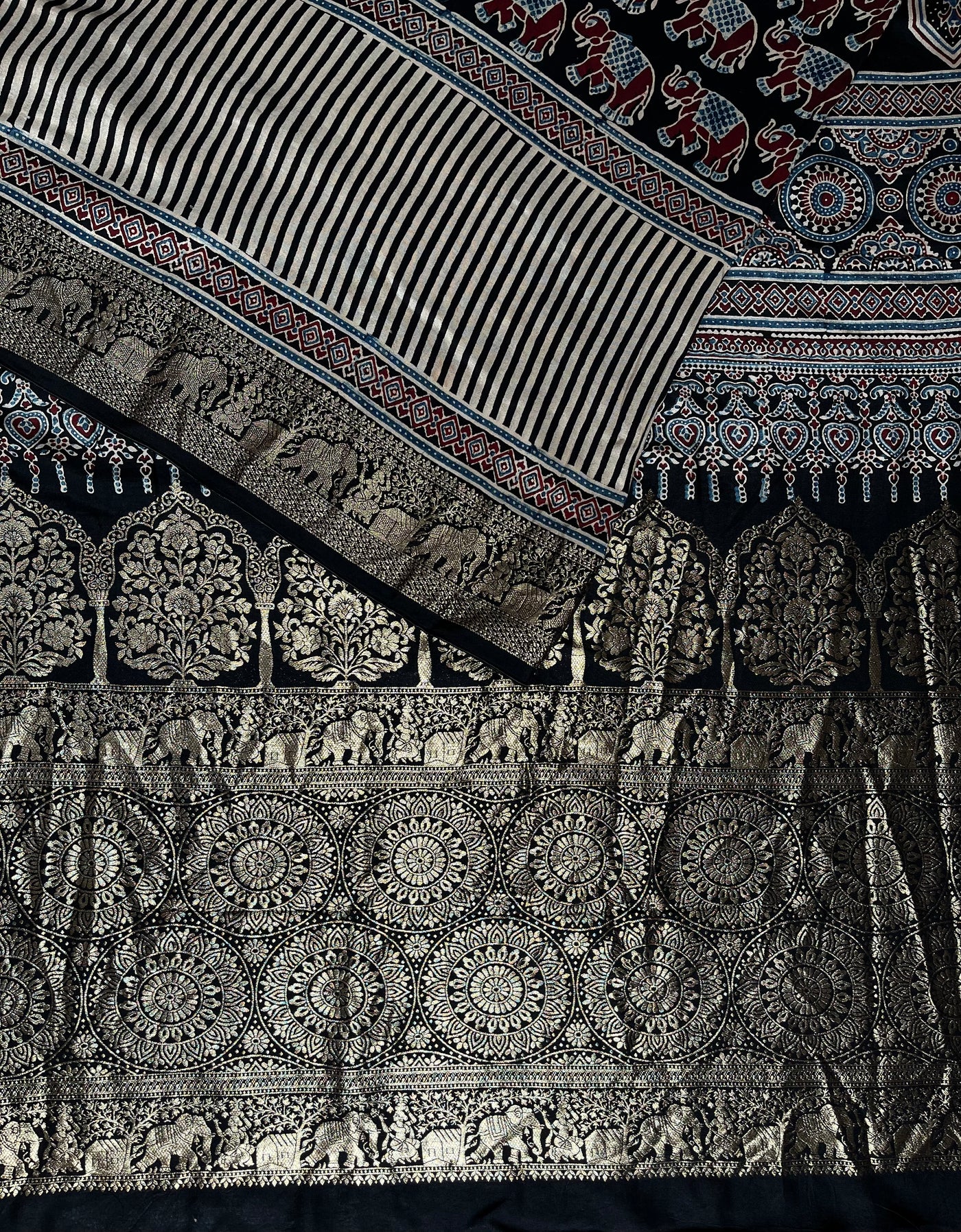 AKSHRA: Handblock Ajrakh Dola Silk Saree with Meenakari Pallu