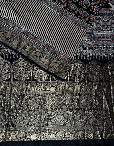 AKSHRA: Handblock Ajrakh Dola Silk Saree with Meenakari Pallu
