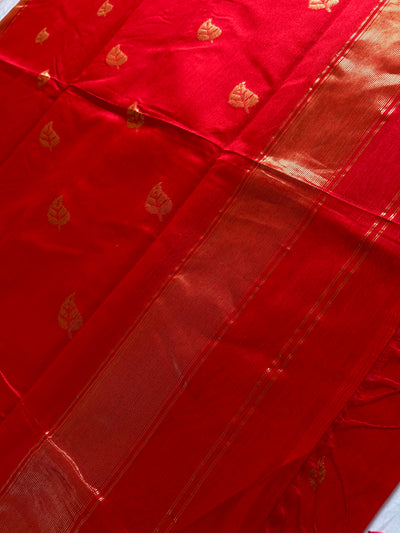 AASMI:PURE RED Handloom Silk-Cott Maheshwari Saree With Zari Border