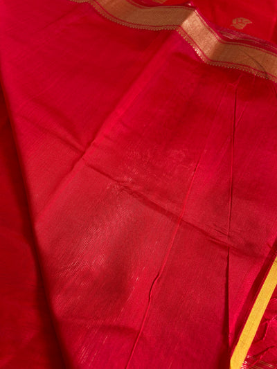 AASMI:PURE RED Handloom Silk-Cott Maheshwari Saree With Zari Border