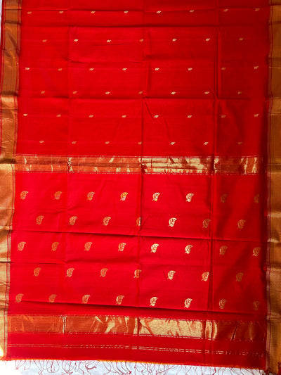 AASMI:PURE RED Handloom Silk-Cott Maheshwari Saree With Zari Border