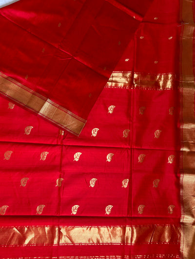 AASMI:PURE RED Handloom Silk-Cott Maheshwari Saree With Zari Border