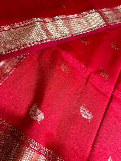 AASMI:PURE RED Handloom Silk-Cott Maheshwari Saree With Zari Border