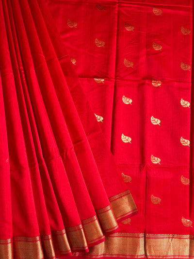 AASMI:PURE RED Handloom Silk-Cott Maheshwari Saree With Zari Border