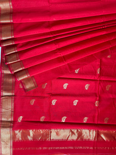 AASMI:PURE RED Handloom Silk-Cott Maheshwari Saree With Zari Border