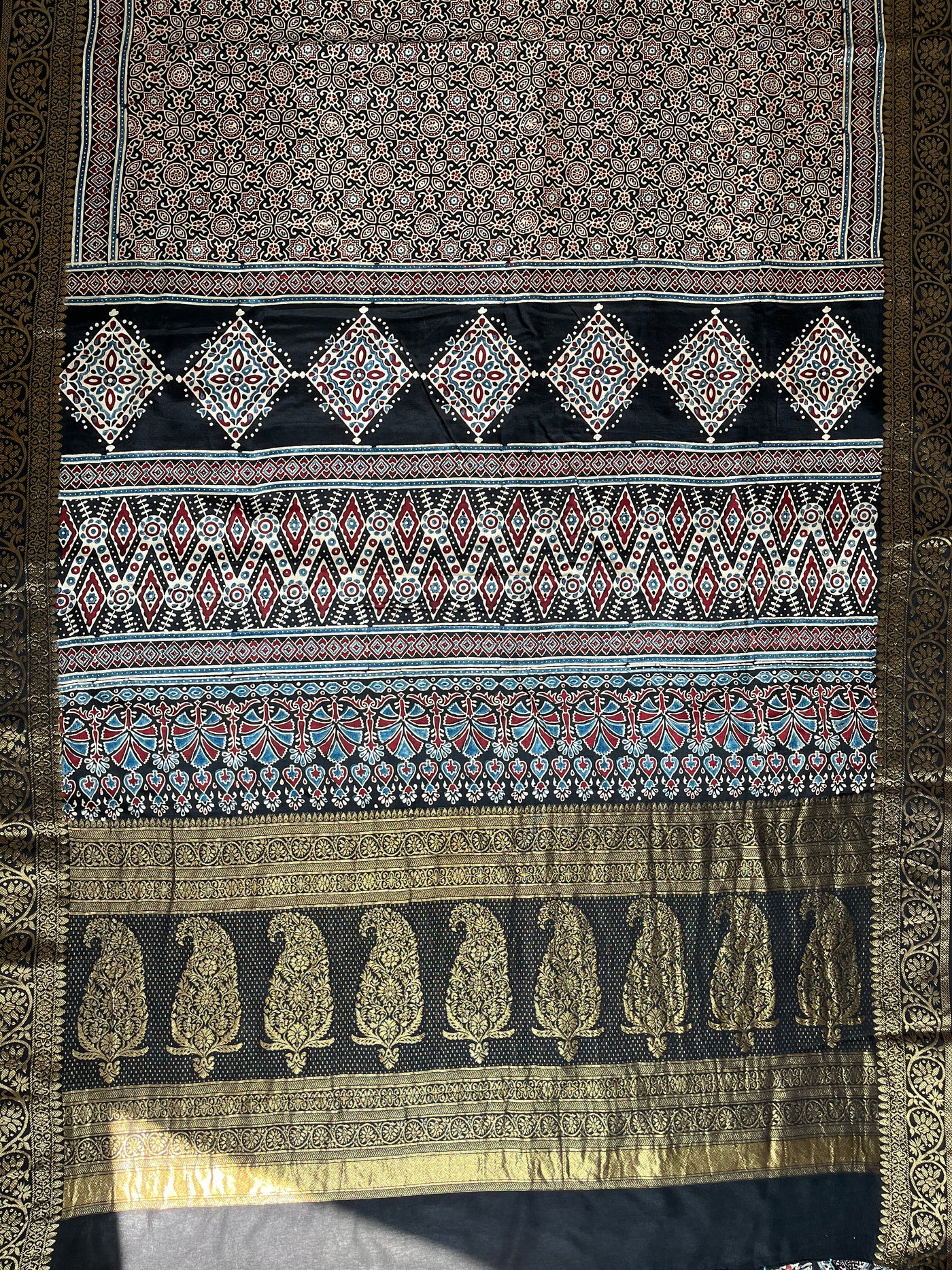 SHAGUN: Handblock Ajrakh Dola Silk Saree with Meenakari Pallu