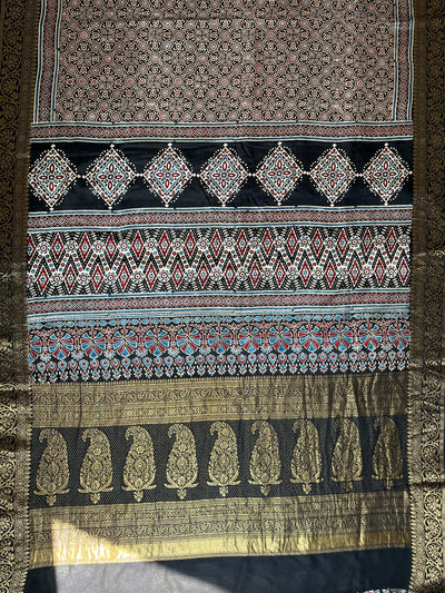 SHAGUN: Handblock Ajrakh Dola Silk Saree with Meenakari Pallu