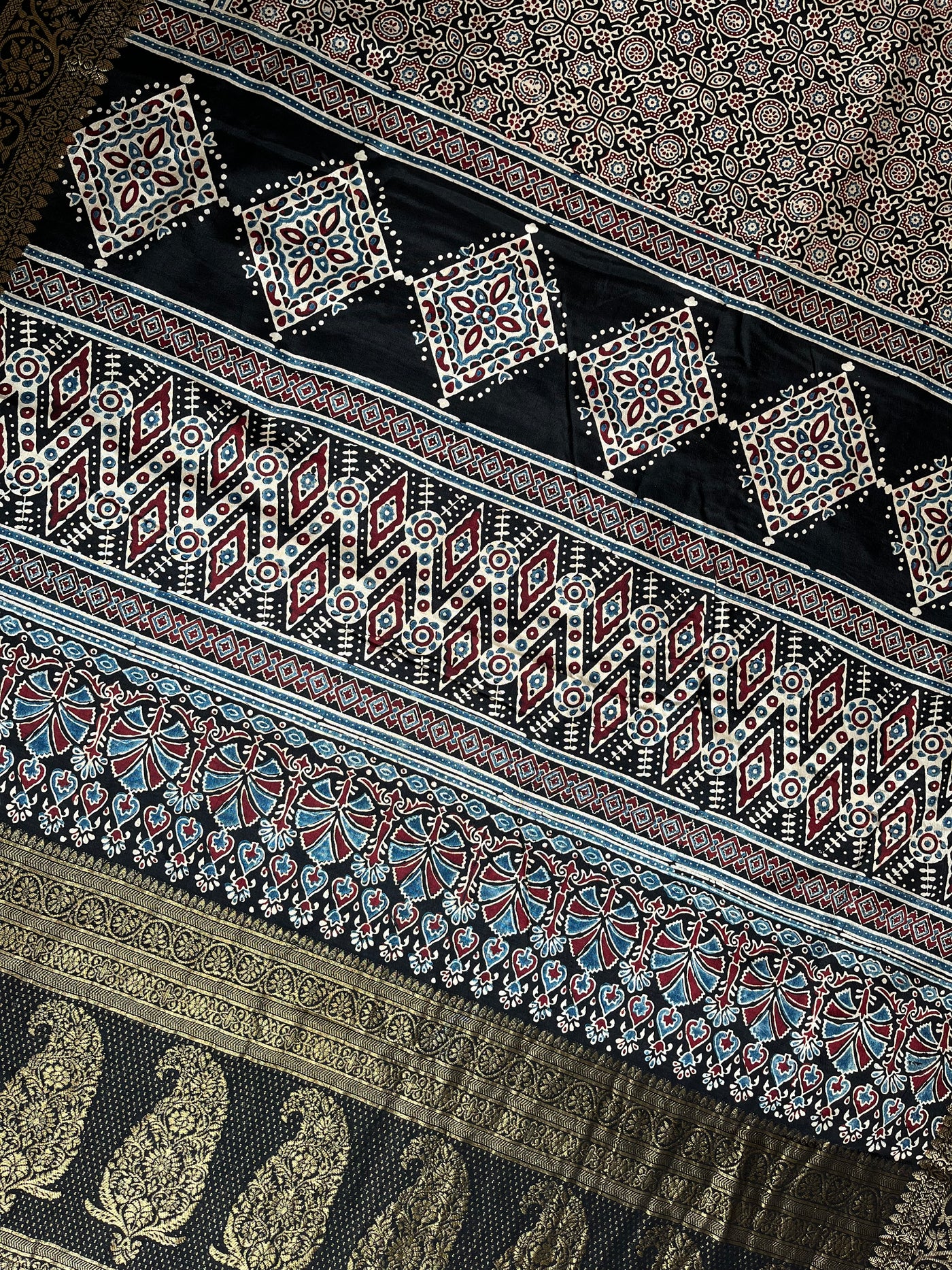 SHAGUN: Handblock Ajrakh Dola Silk Saree with Meenakari Pallu