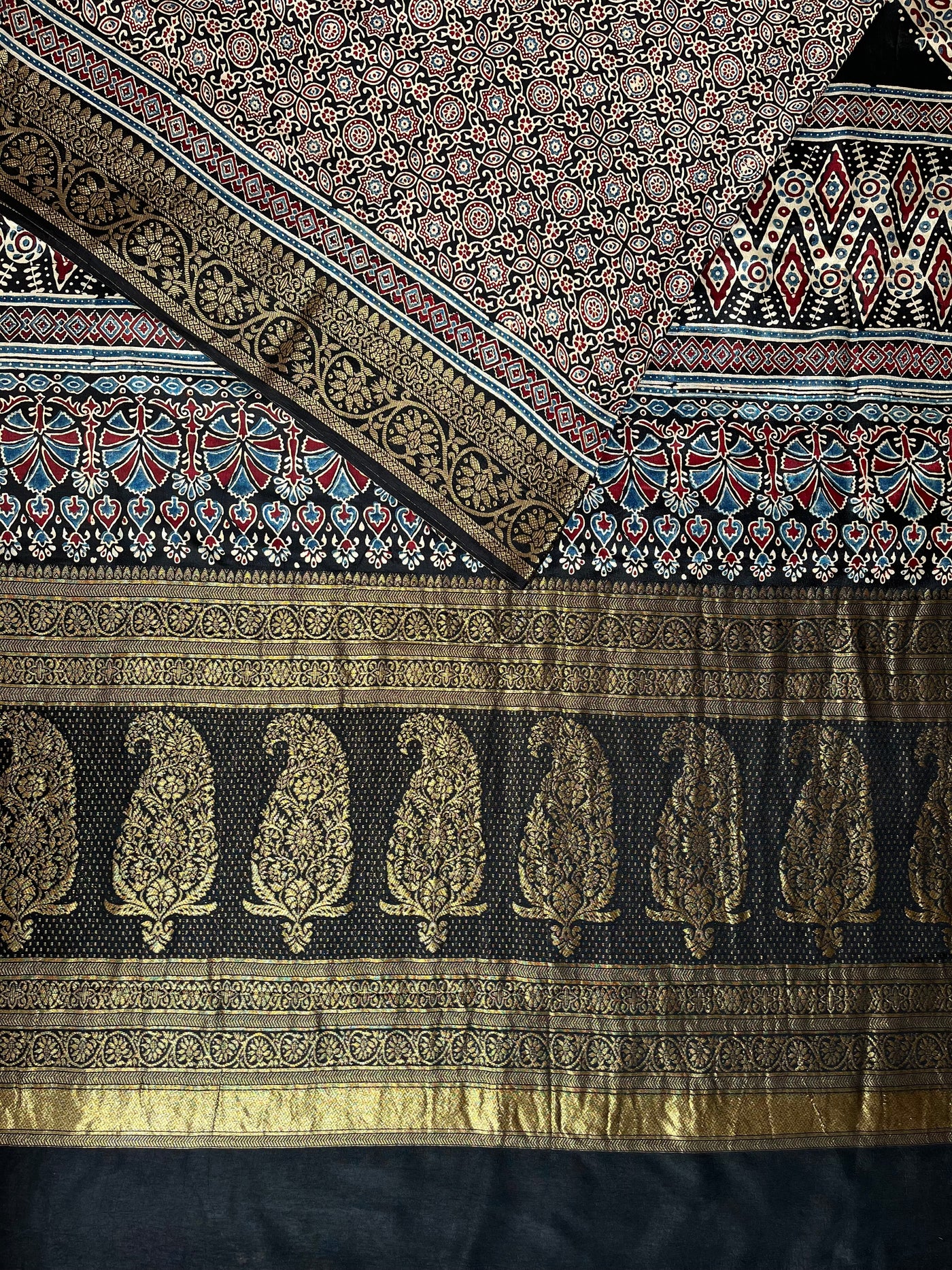 SHAGUN: Handblock Ajrakh Dola Silk Saree with Meenakari Pallu