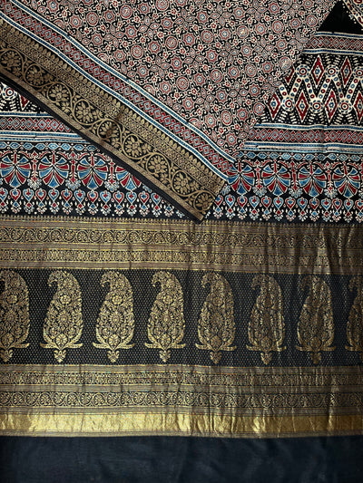 SHAGUN: Handblock Ajrakh Dola Silk Saree with Meenakari Pallu