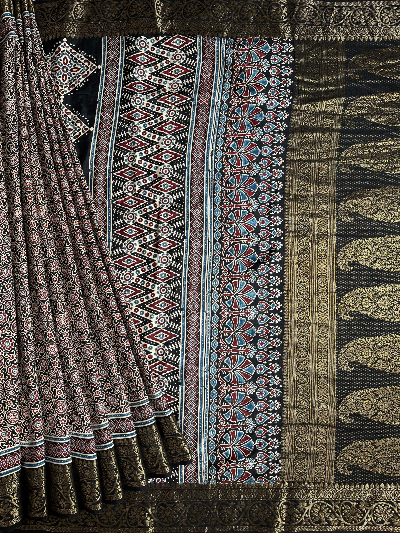 SHAGUN: Handblock Ajrakh Dola Silk Saree with Meenakari Pallu
