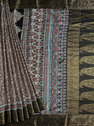 SHAGUN: Handblock Ajrakh Dola Silk Saree with Meenakari Pallu