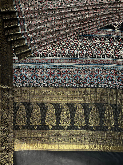 SHAGUN: Handblock Ajrakh Dola Silk Saree with Meenakari Pallu