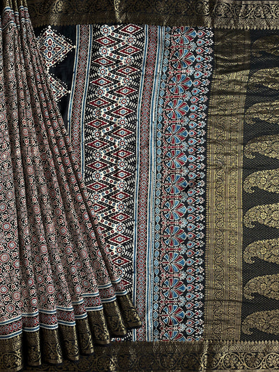 SHAGUN: Handblock Ajrakh Dola Silk Saree with Meenakari Pallu