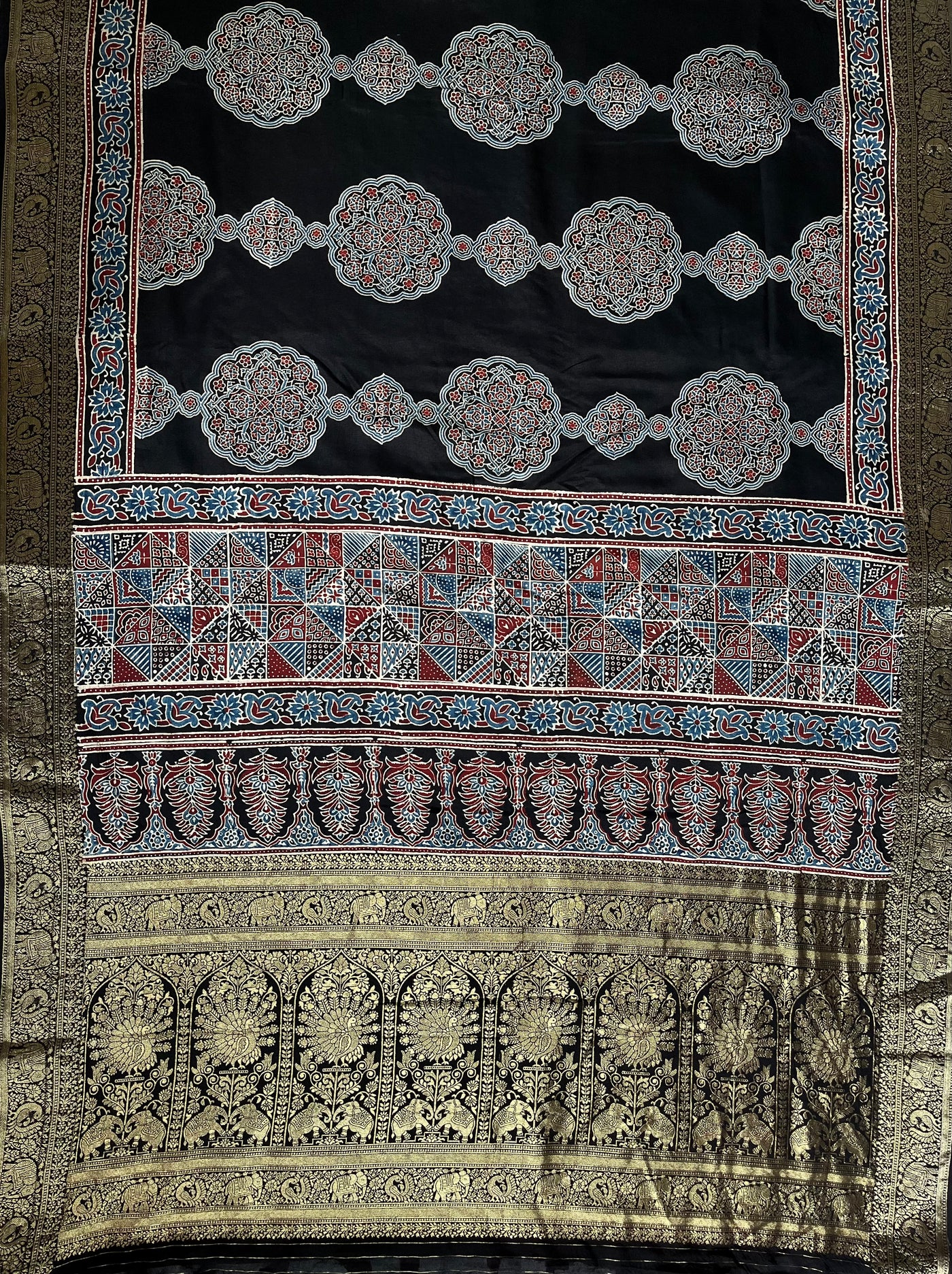 NATASHA: Handblock Ajrakh Dola Silk Saree with Meenakari Pallu