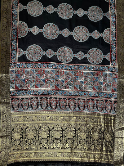 NATASHA: Handblock Ajrakh Dola Silk Saree with Meenakari Pallu