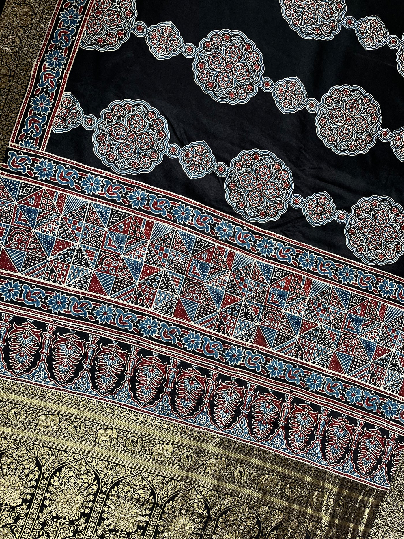 NATASHA: Handblock Ajrakh Dola Silk Saree with Meenakari Pallu
