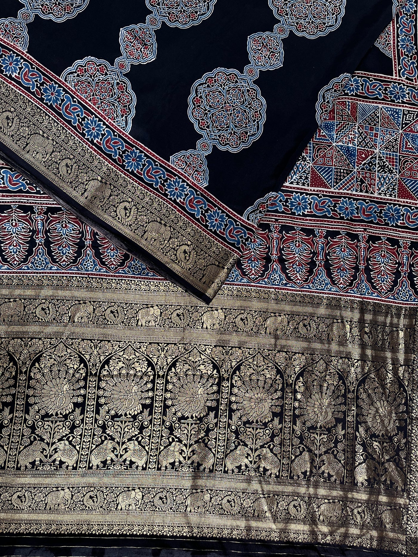 NATASHA: Handblock Ajrakh Dola Silk Saree with Meenakari Pallu