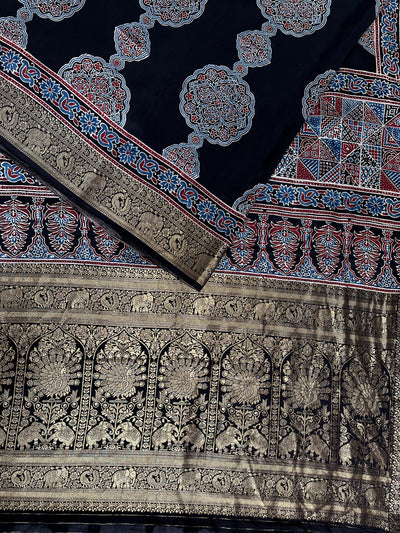 NATASHA: Handblock Ajrakh Dola Silk Saree with Meenakari Pallu