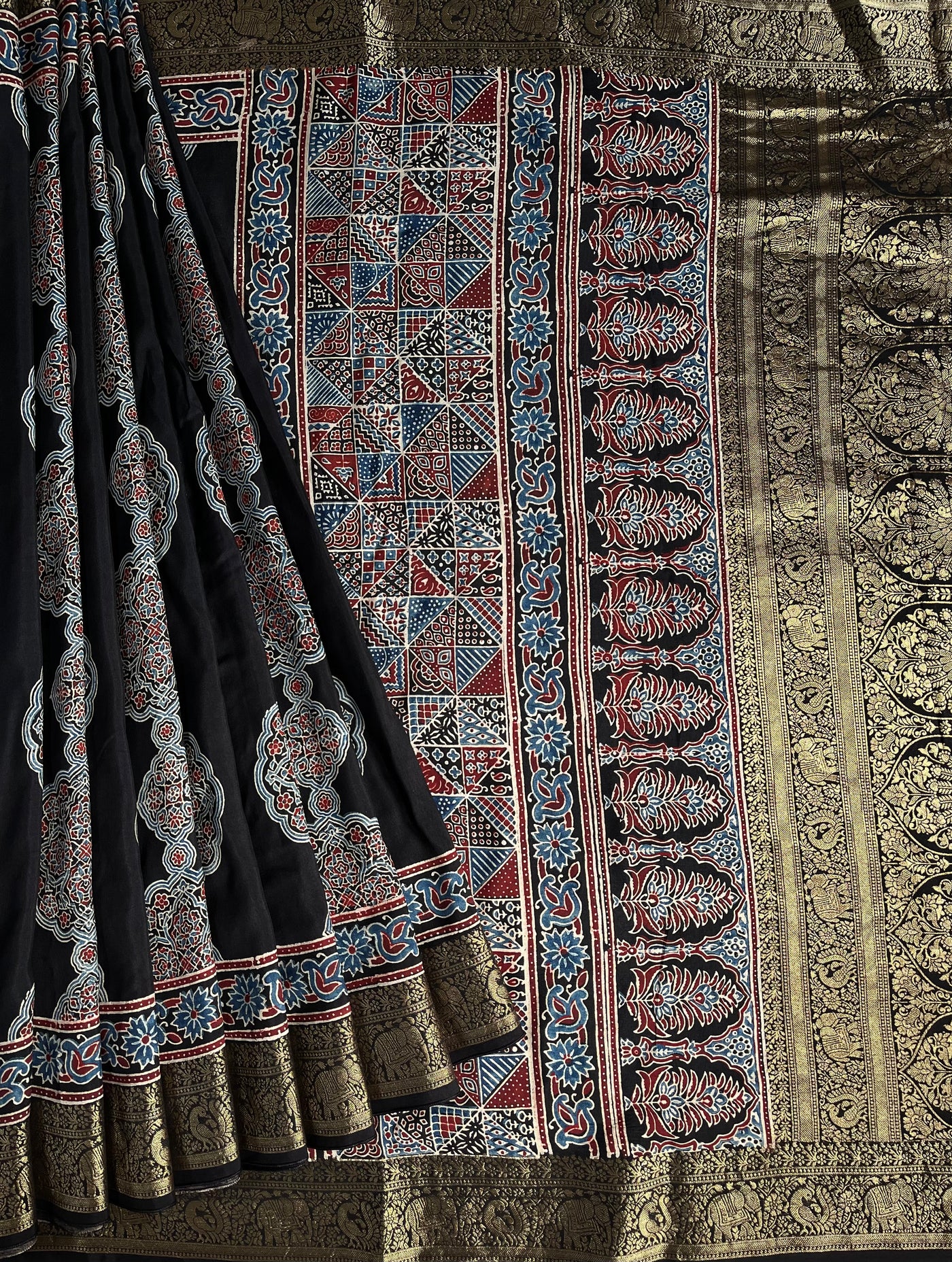 NATASHA: Handblock Ajrakh Dola Silk Saree with Meenakari Pallu