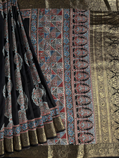 NATASHA: Handblock Ajrakh Dola Silk Saree with Meenakari Pallu