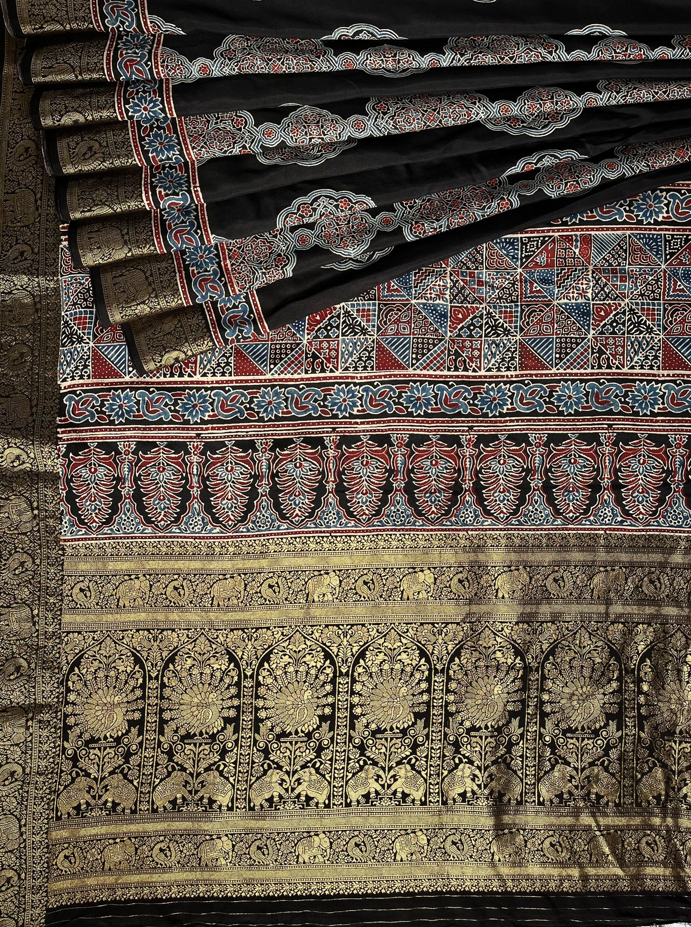 NATASHA: Handblock Ajrakh Dola Silk Saree with Meenakari Pallu