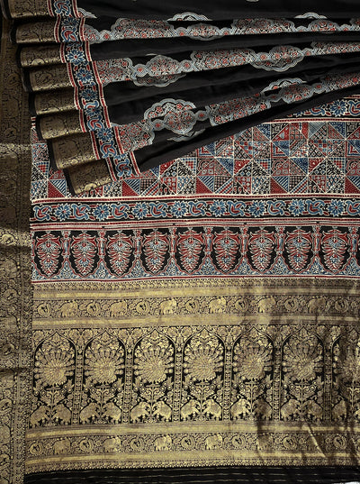 NATASHA: Handblock Ajrakh Dola Silk Saree with Meenakari Pallu