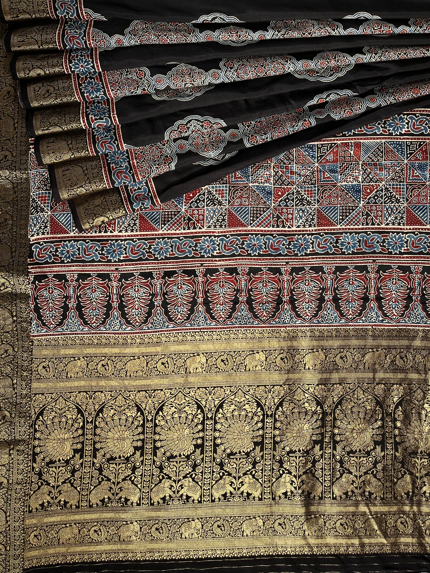 NATASHA: Handblock Ajrakh Dola Silk Saree with Meenakari Pallu