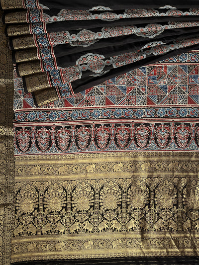 NATASHA: Handblock Ajrakh Dola Silk Saree with Meenakari Pallu
