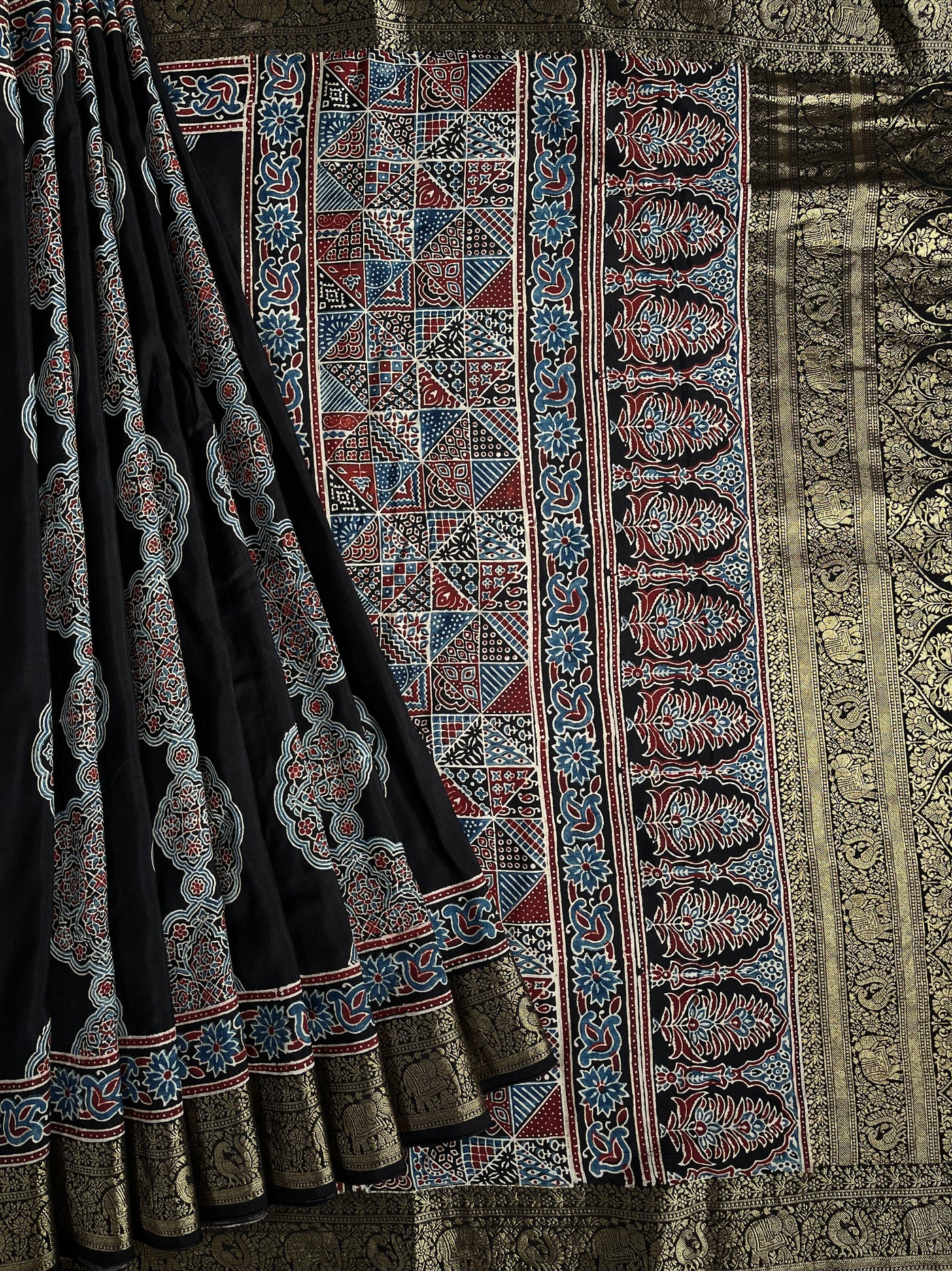 NATASHA: Handblock Ajrakh Dola Silk Saree with Meenakari Pallu