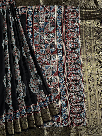 NATASHA: Handblock Ajrakh Dola Silk Saree with Meenakari Pallu