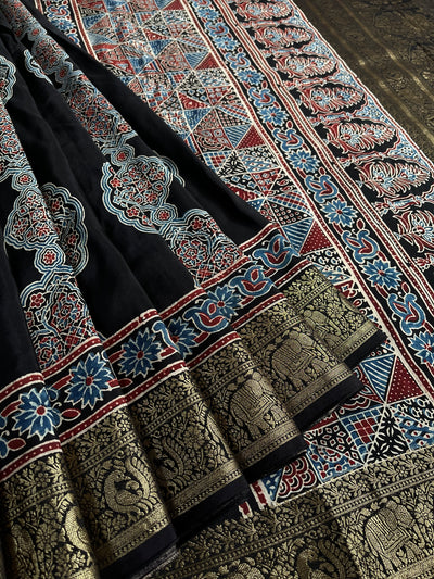 NATASHA: Handblock Ajrakh Dola Silk Saree with Meenakari Pallu