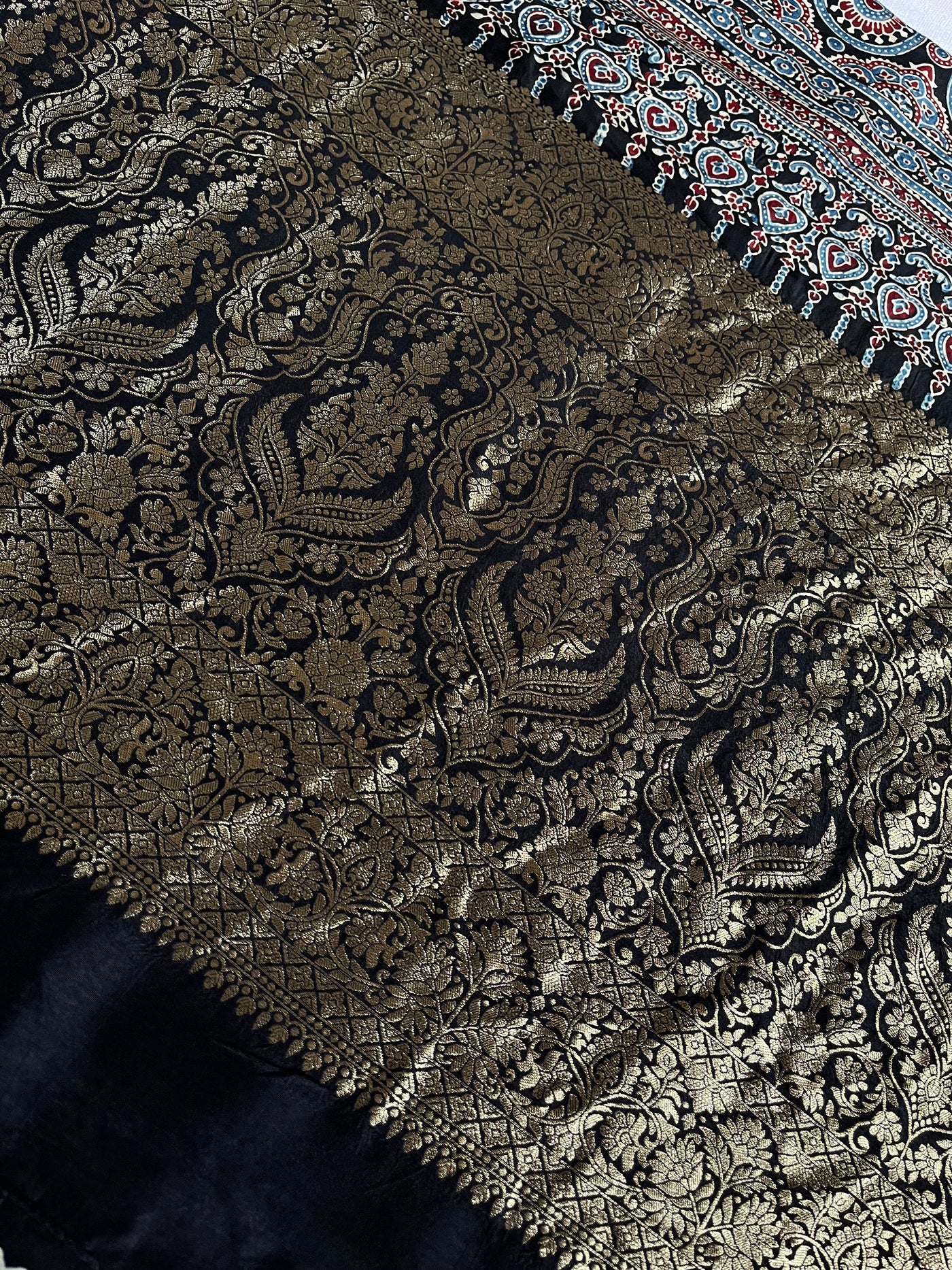 ANKITA: Handblock Ajrakh Dola Silk Saree with Meenakari Pallu
