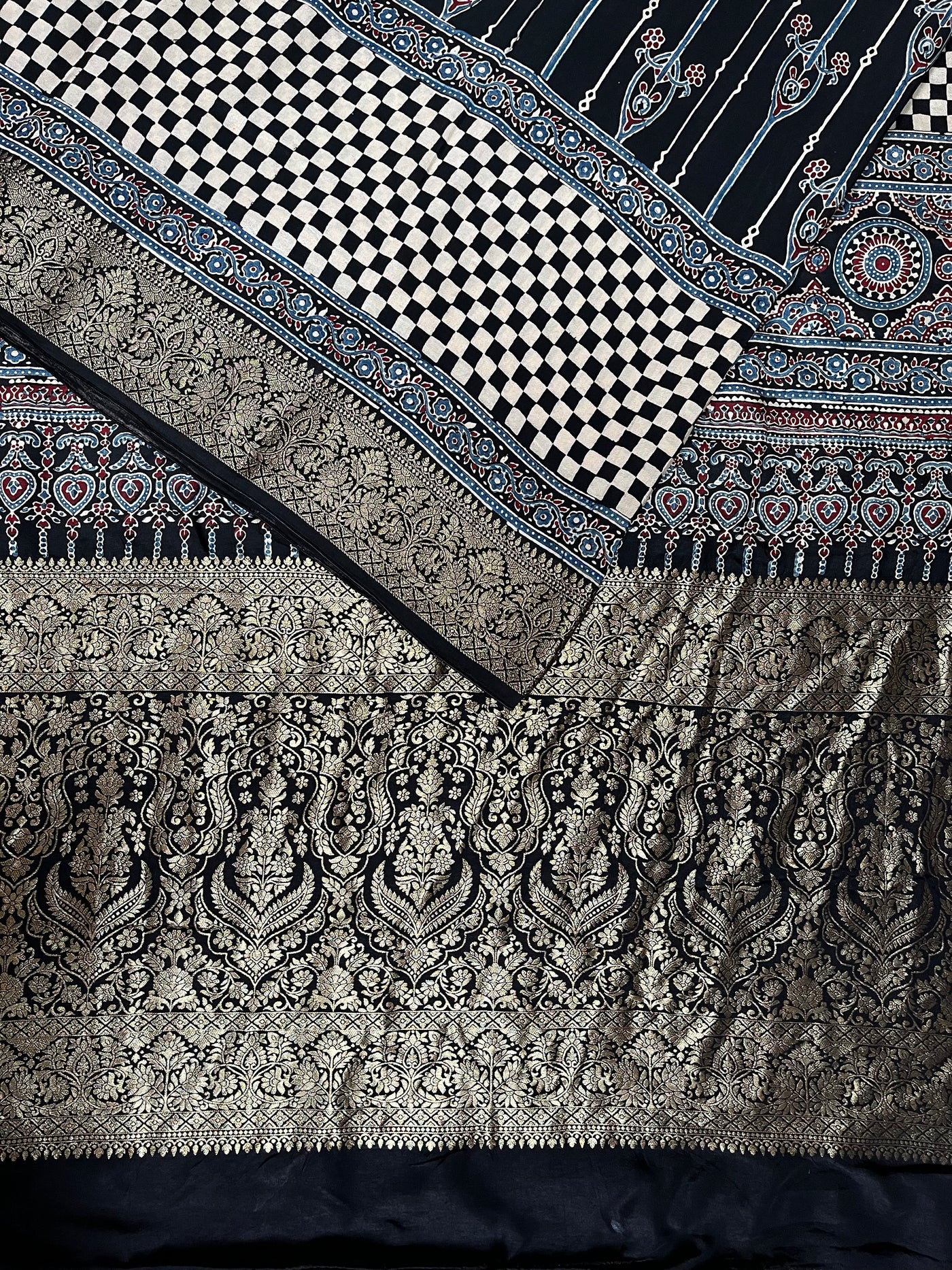 ANKITA: Handblock Ajrakh Dola Silk Saree with Meenakari Pallu
