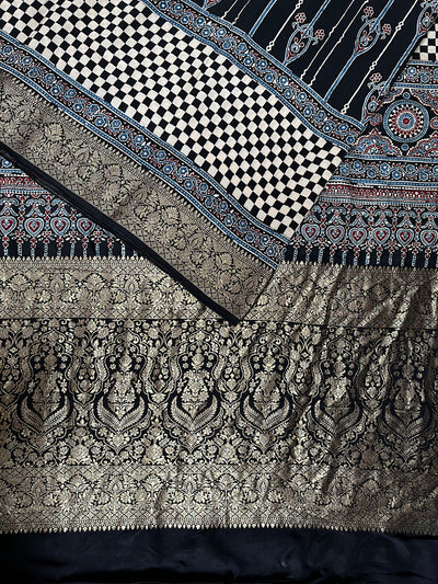 ANKITA: Handblock Ajrakh Dola Silk Saree with Meenakari Pallu
