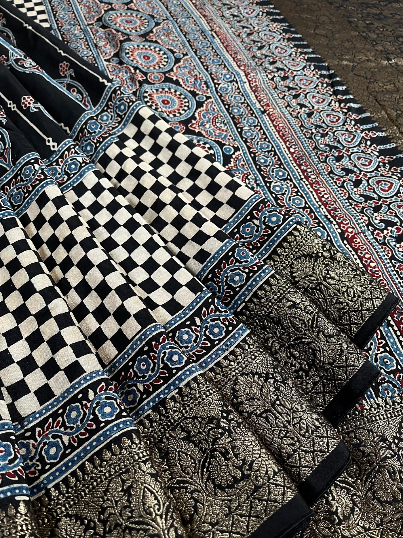 ANKITA: Handblock Ajrakh Dola Silk Saree with Meenakari Pallu